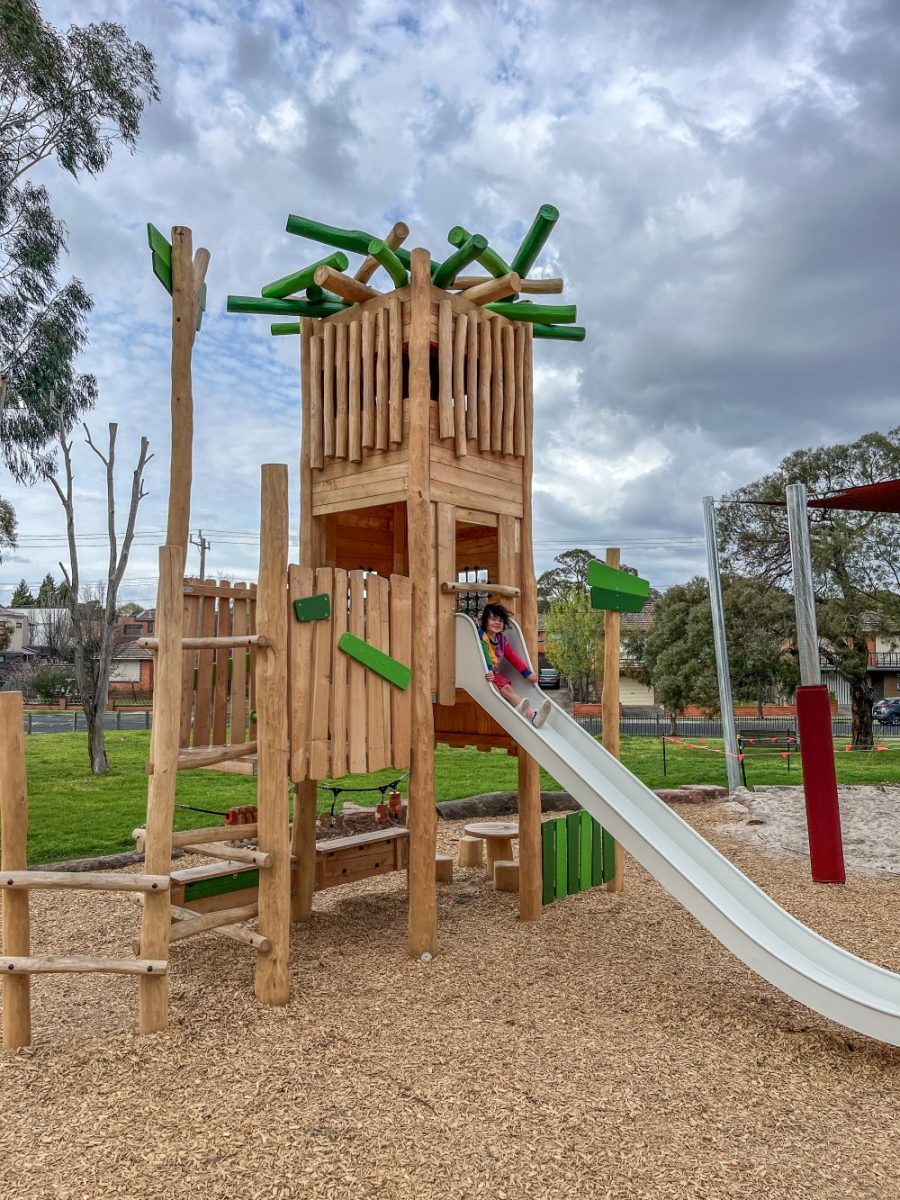Origin' nest tower made from natural wood at Cox Reserve Playground