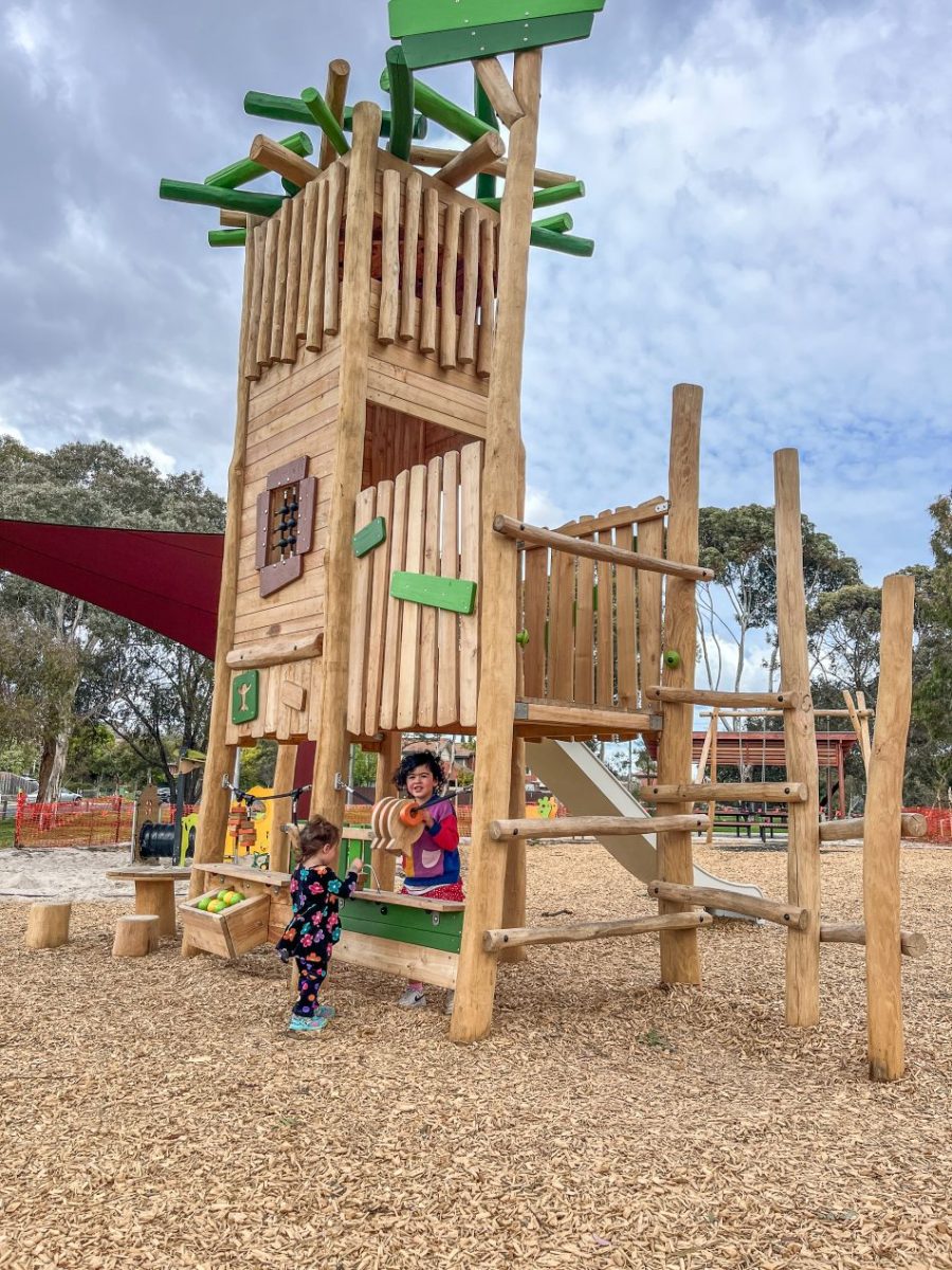 Origin' nest tower made from natural wood at Cox Reserve Playground