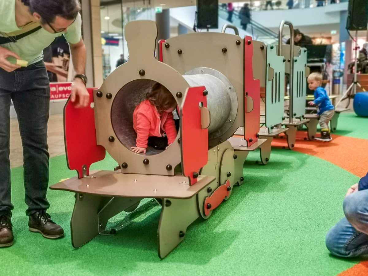 Train themed play equipment at a shopping centre